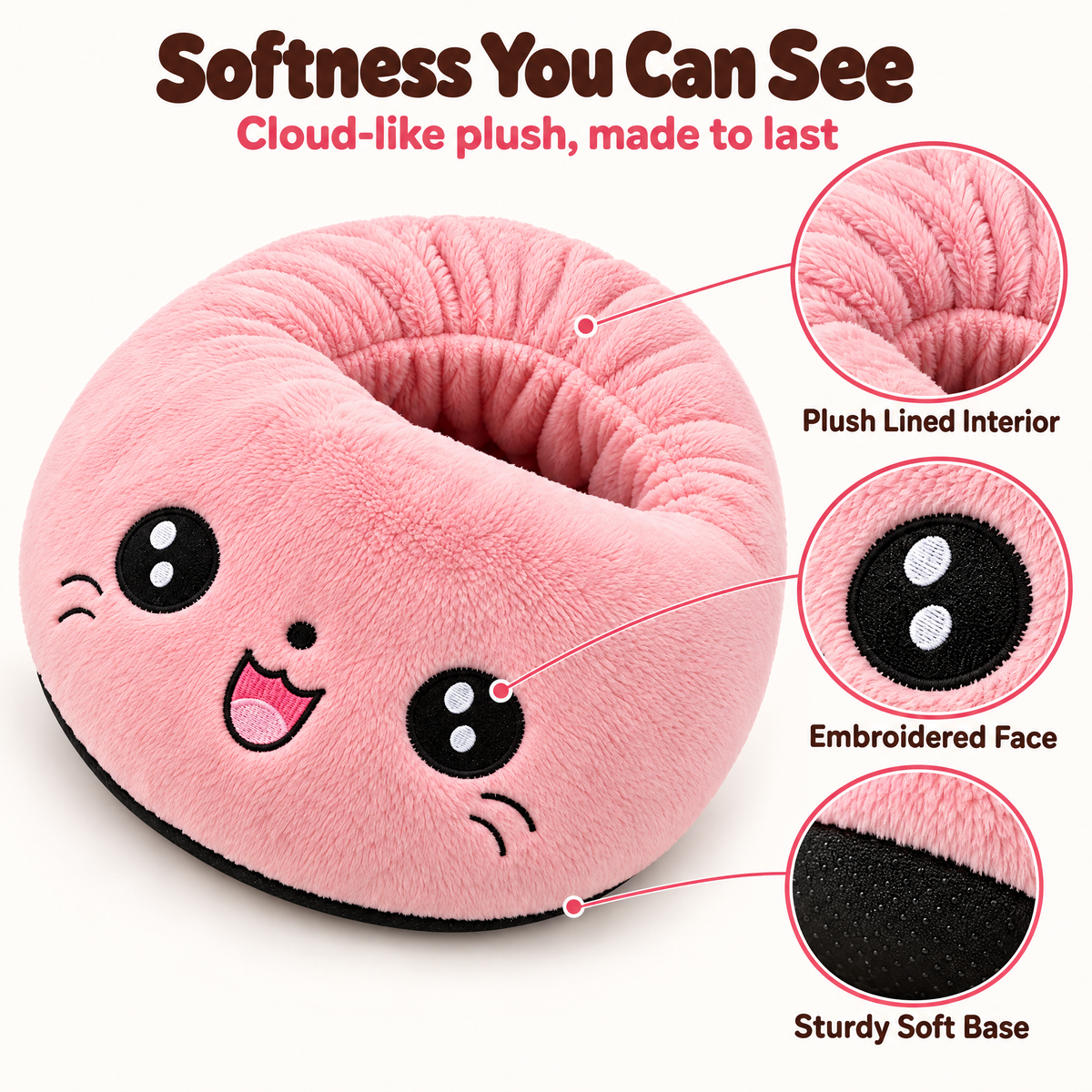 Plush lined interior, embroidered face and sturdy soft base